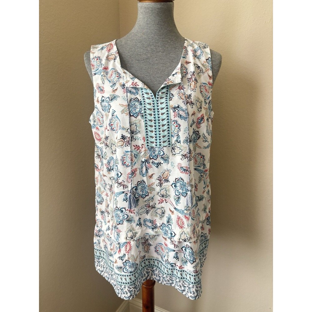 J. Jill Size Medium Petite White Floral Print Tassel Tiered Sleeveless Tunic Top